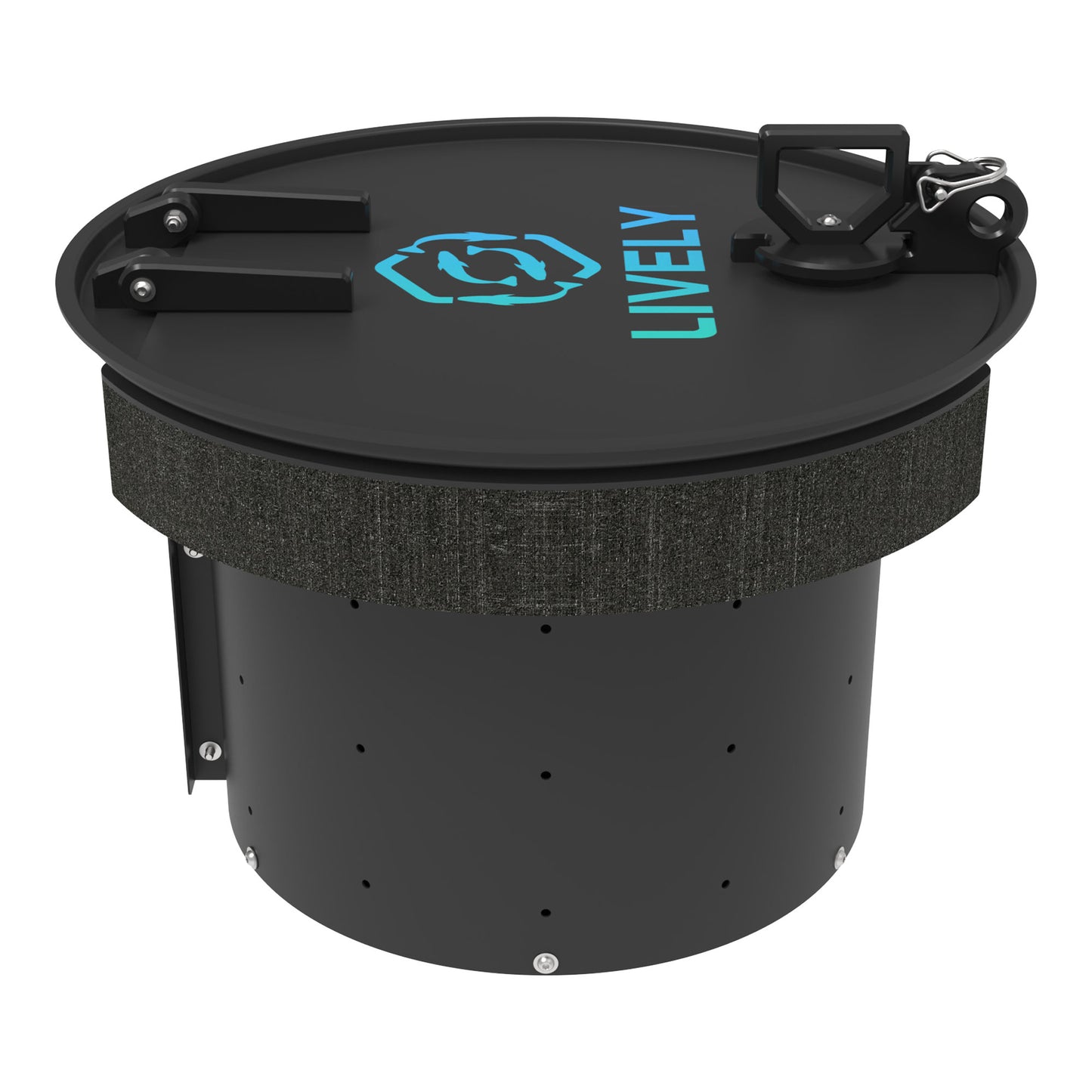 LIVELY LBP18 Floating Bait Pen – Side View Featuring Secure Lid, Water Flow Holes, and Floating Ring.