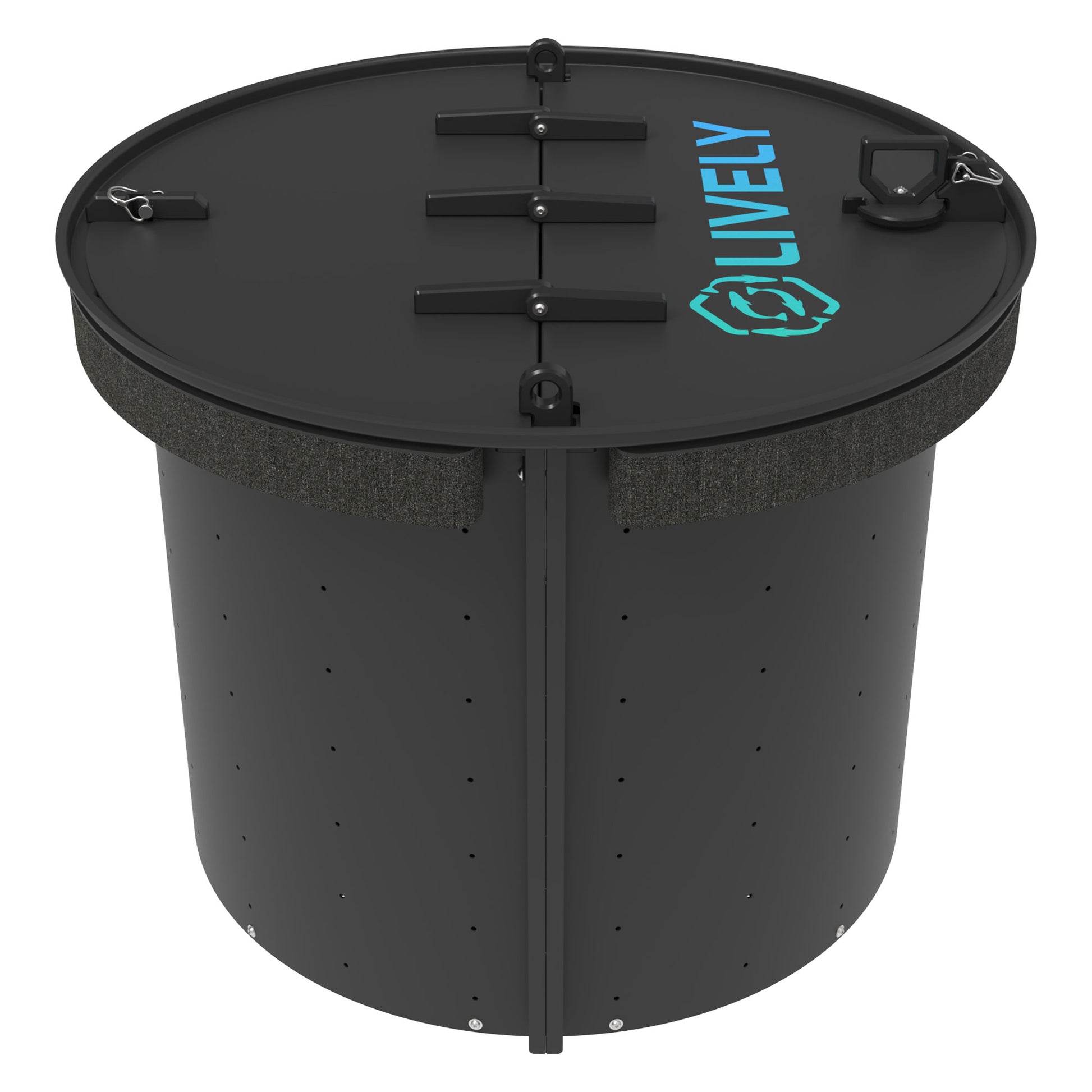 LIVELY LBP36R Floating Bait Pen – Side View Featuring Secure Lid, Water Flow Holes, and Floating Ring.