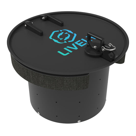 LIVELY LBP18 Floating Bait Pen – Angled View Showing Secure Lid, Floating Design, and Water Flow Holes.