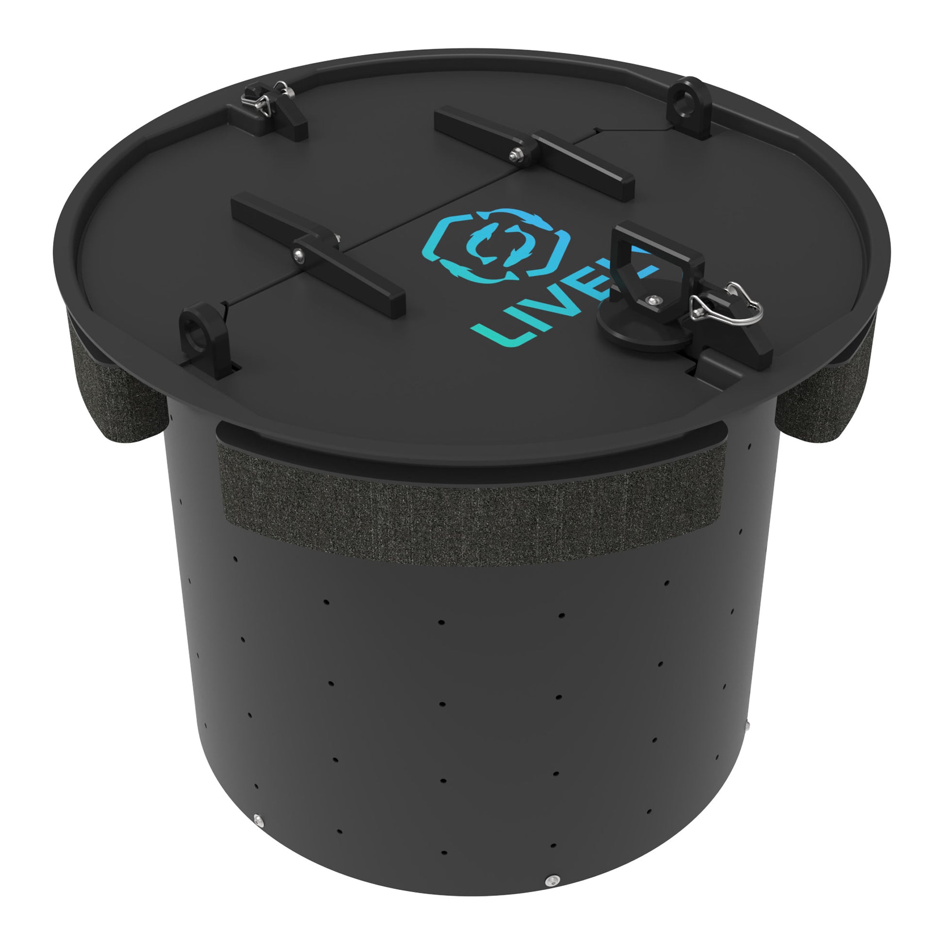 LIVELY LBP24R Floating Bait Pen – Angled View Showing Secure Lid, Floating Design, and Water Flow Holes.