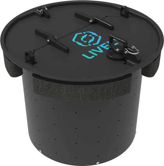 LIVELY LBP24R Floating Bait Pen – Angled View Showing Secure Lid, Floating Design, and Water Flow Holes. HP