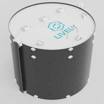 LIVELY LBP30 Floating Bait Pen – Angled View Showing Secure Lid, Floating Design, and Water Flow Holes. Black Side Option