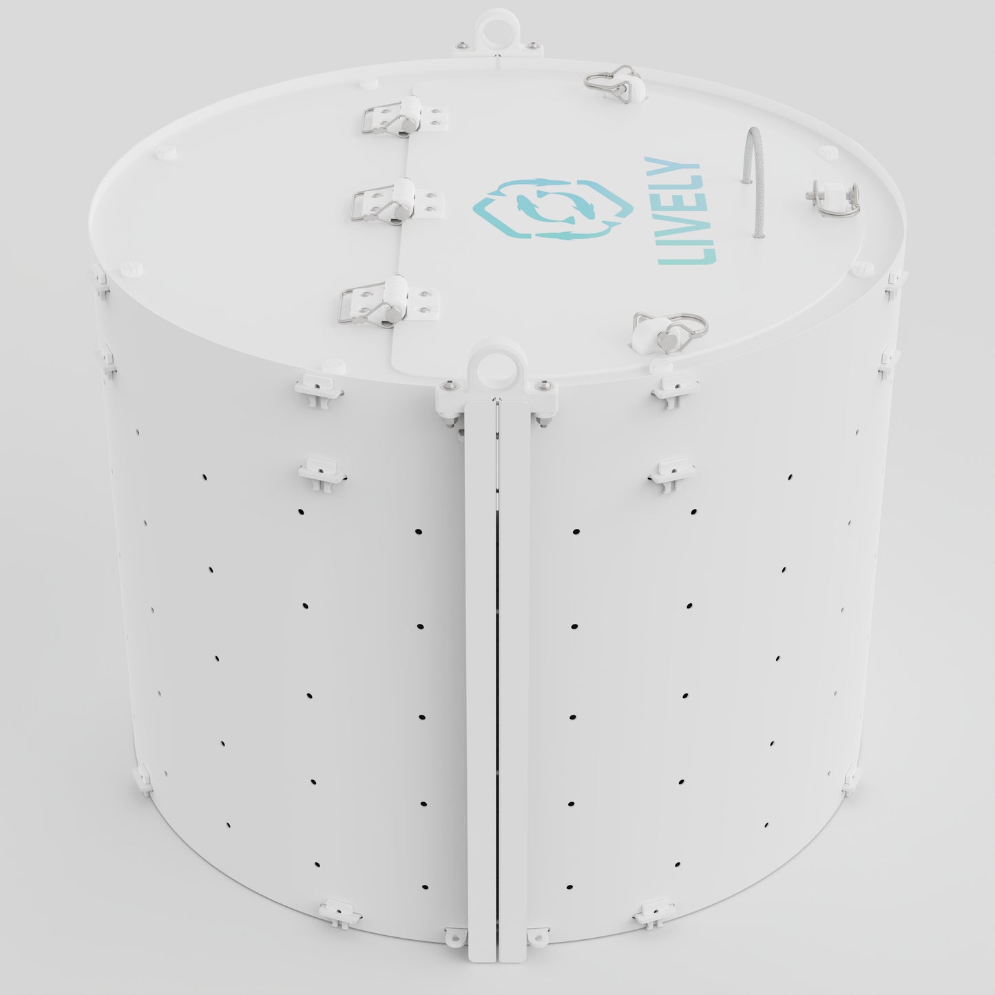 LIVELY LBP30 Floating Bait Pen – Side View Showing Secure Lid, Floating Design, and Water Flow Holes.