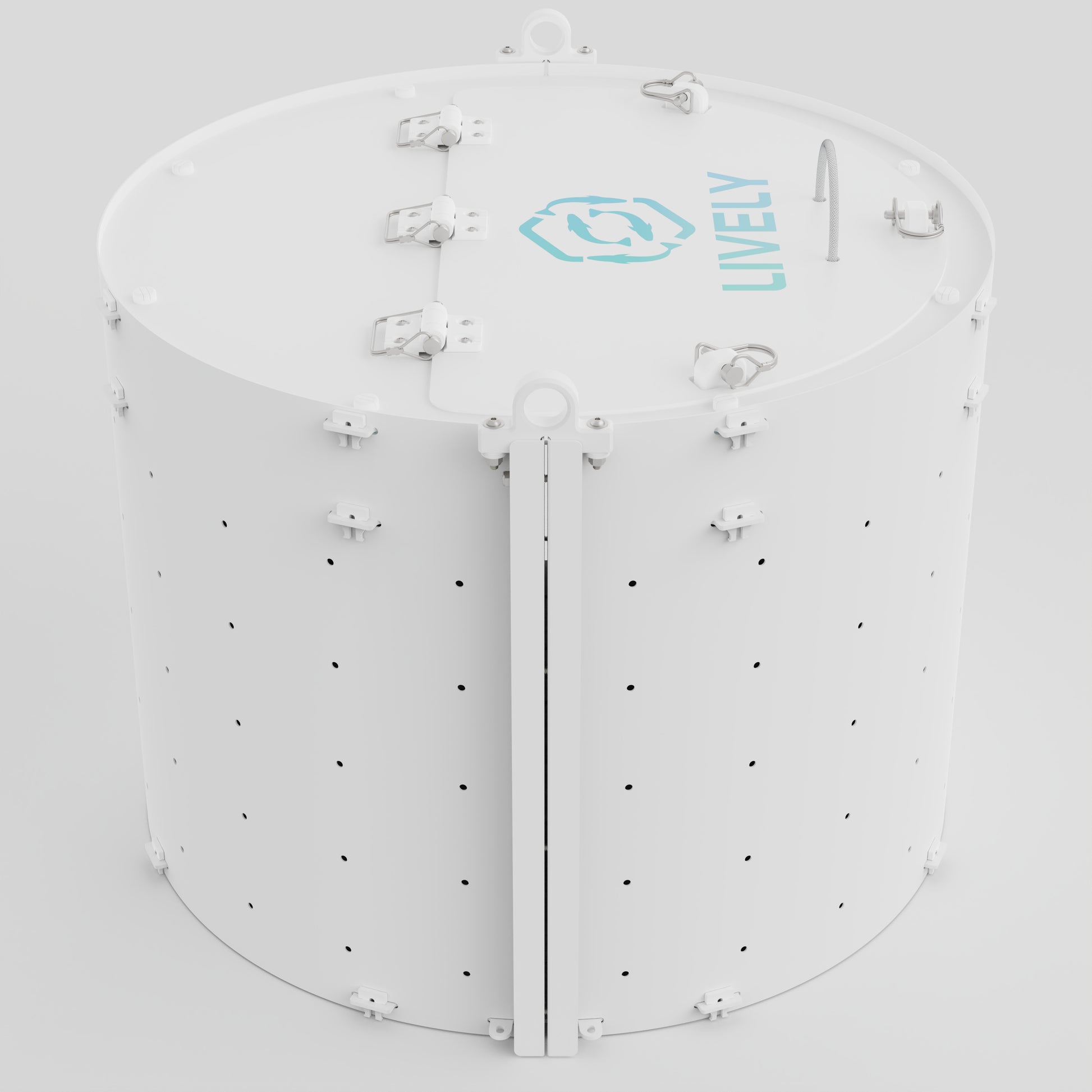 LIVELY LBP30 Floating Bait Pen – Side View Showing Secure Lid, Floating Design, and Water Flow Holes.